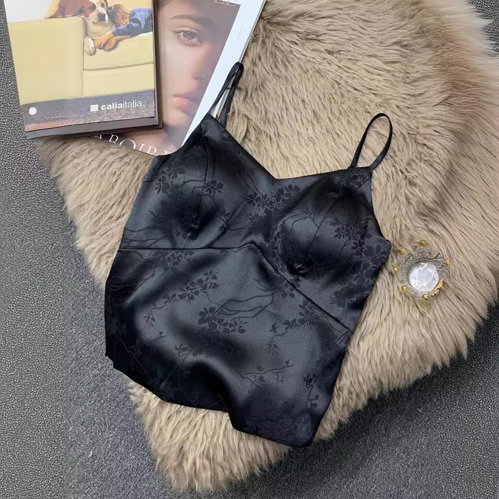 Women's V-Neck Satin Camisole with Chest Pads - Chinese Style Innerwear & Outerwear