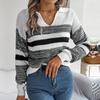 Frauen Herbst Winter Casual Polo Kragen Kontrast Streifen Lange Ärmel Stricken Pullover Pullover