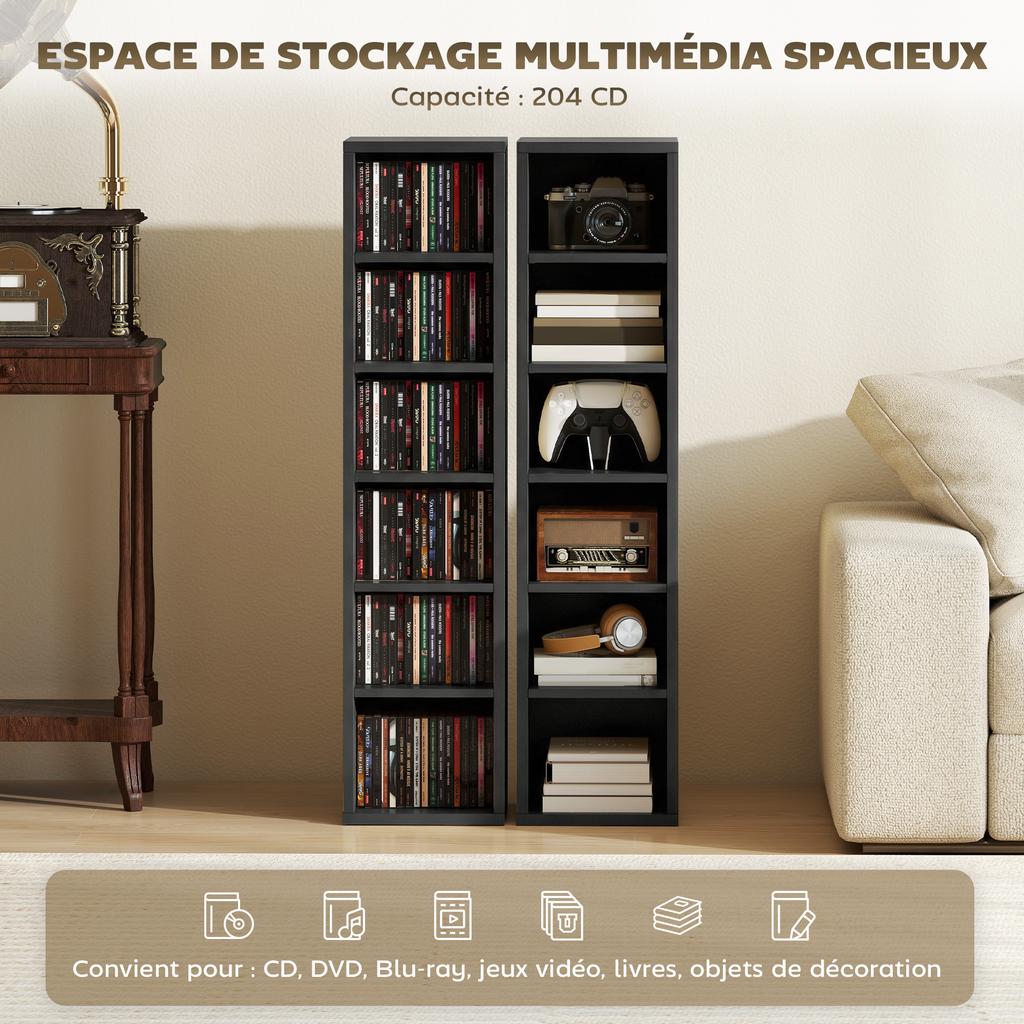 Set di 2 Scaffalature Espositive per CD a Torre con Ripiani Regolabili, Nero