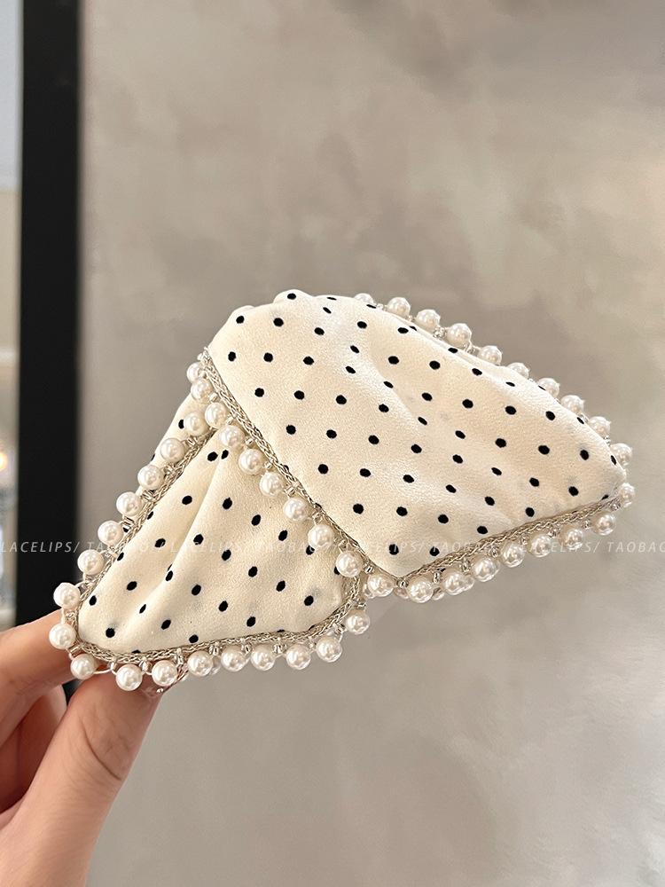 Hepburn pearl grab clip female back head hairpin high-end polka dot black bow hairpin headgear