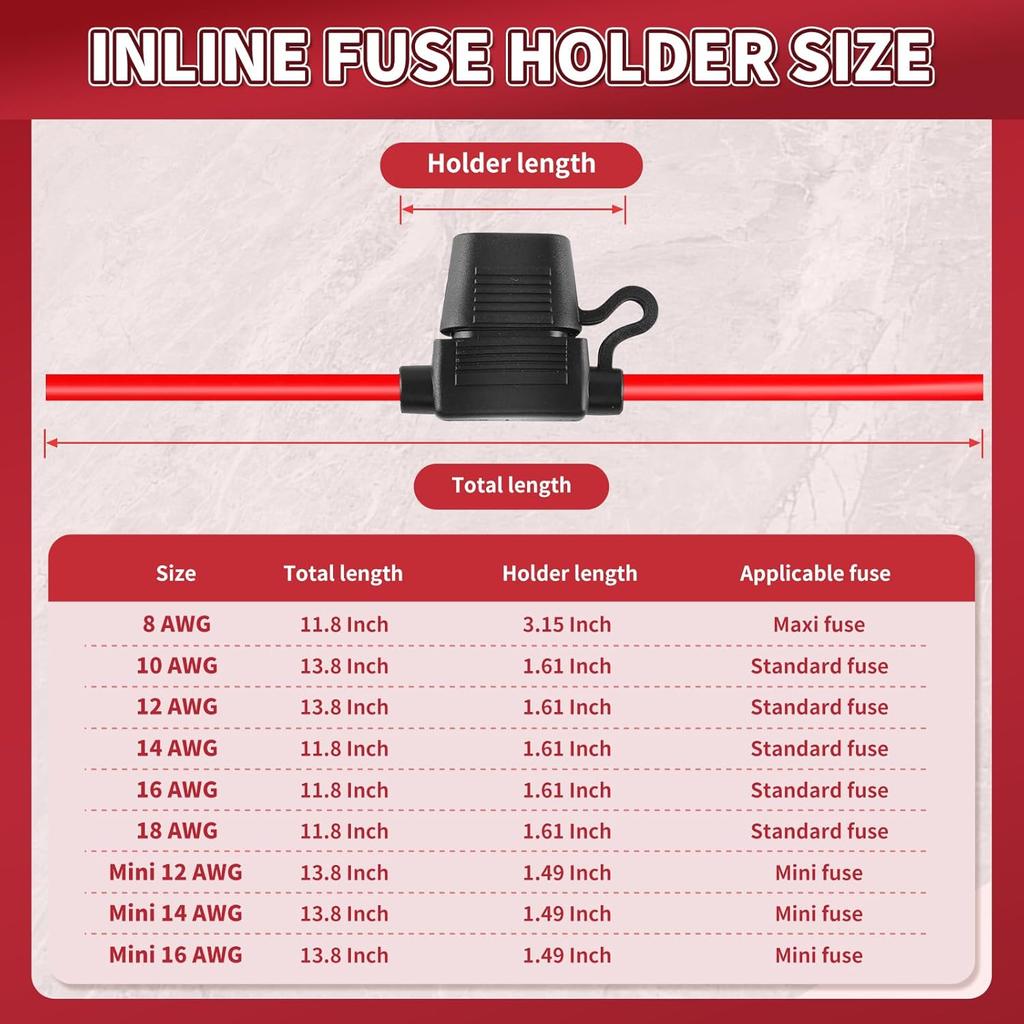 Inline Fuse Holder 12V 2 Pack, Extended Version 12 AWG Waterproof Blade Fuse Holder 13.8 Inch, in Line Fuse Holders 12V with 2 Pcs Standard Car Fuses