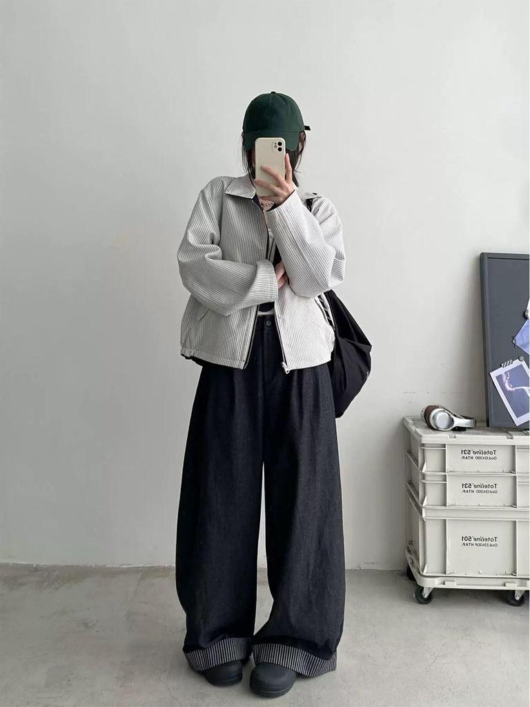 Retro Striped Reversible Jacket - Turn-Down Collar, Loose Casual Fit for Spring & Autumn 2025