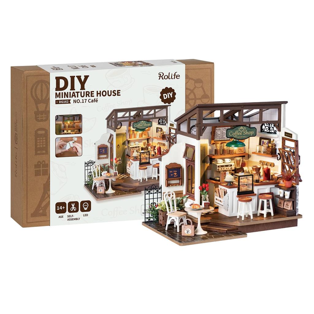 Rolife Miniature House Cafe Coffee Shop Miniature House Kit Dollhouse DIY 3D Puzzle LED Handmade Kit Assembly Wooden Puzzle Wood Craft Illustrated