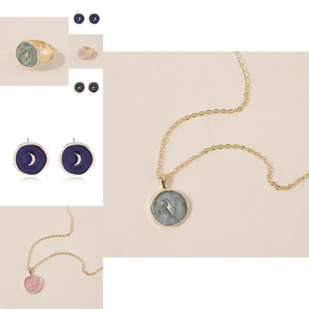 Trendy Heart Moon Star Earrings And Ring Necklace Set Fashion Geometric Accessories