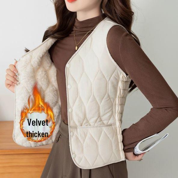 

Женский приталенный жилет без рукавов: Осенне-зимняя мода с плюшевой подкладкой, теплый базовый слой из пухового хлопка 4XL (135-145 lbs)