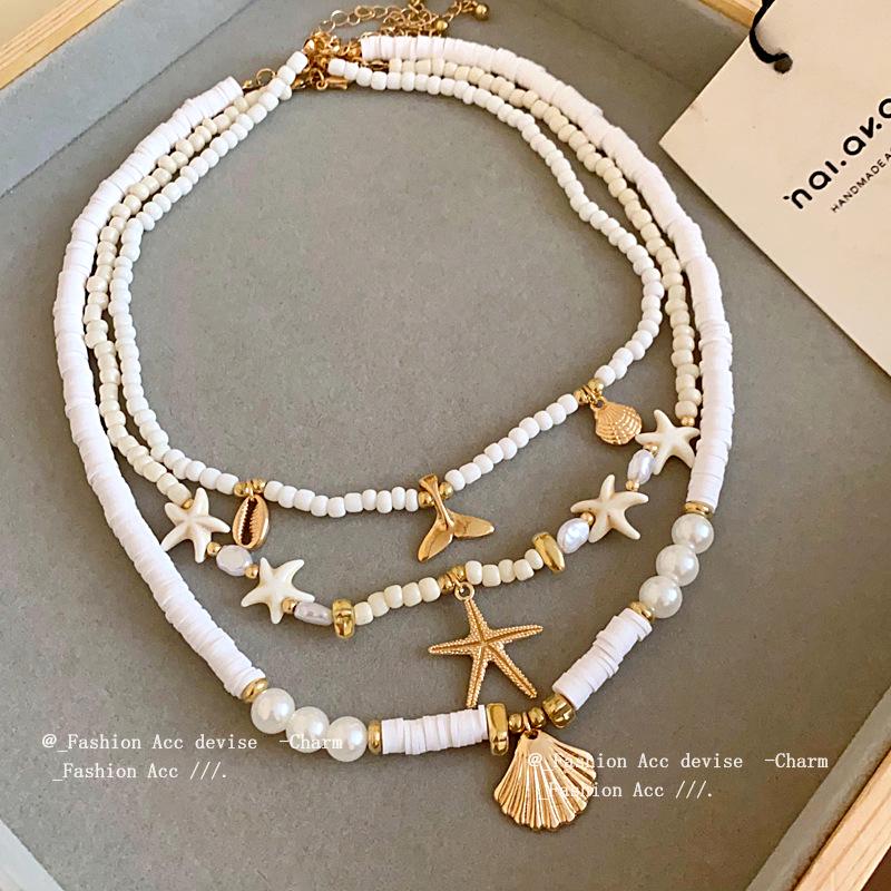 Seaside Fishtail & Starfish Pearl Pendant Necklace - Retro Clavicle Chain for Vacations