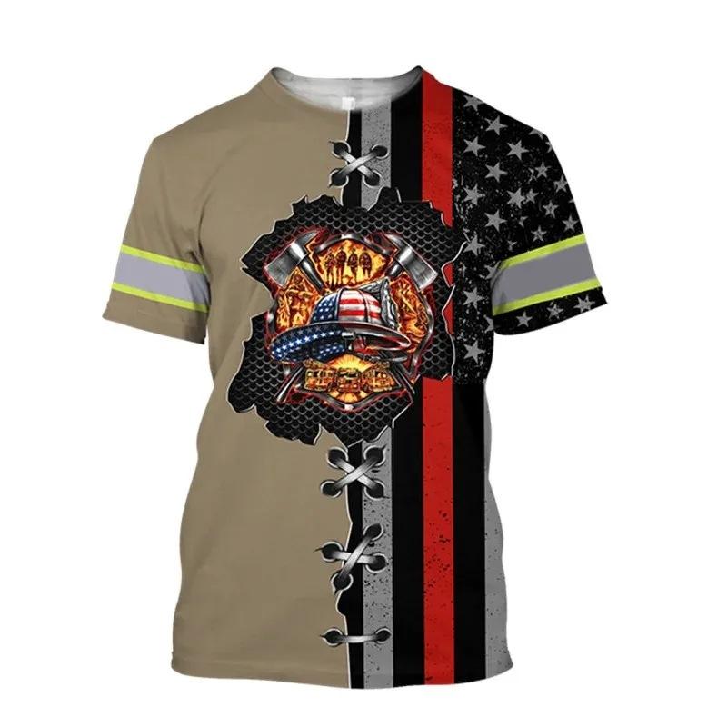Firefighter Fire Simulation Drill Pattern 3D Print Cross-border New Men's Casual Short-Sleeve T-Shirt Factory Direct Sale