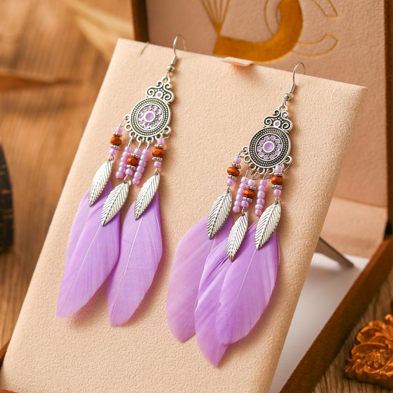 Bohemian Ethnic Feather Drop Earrings For Women Elegant Wood Beads Leaf Long Tassels Dangle Earring Girls Party Jewelry