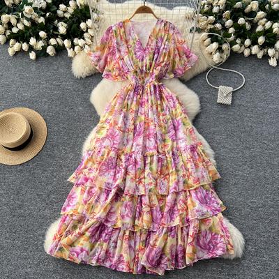 Vestido Elegante de Verão Chiffon Estampado Manga Borboleta Decote V Retrô Linha A Manga Evasê Estampa Férias Vestidos Femininos