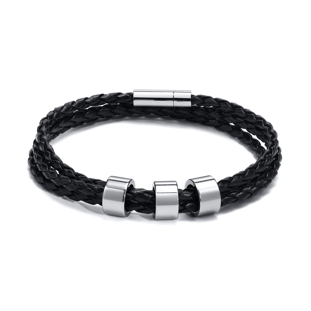Custom 1-7 Names Multi Layer Leather Bracelet for Men,Stainless Steel Beads Handmade Braided Wristband,Gift for Father Dad