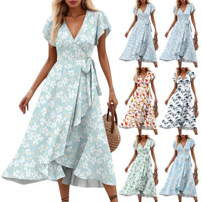 Women's V-Neck Waisted Floral  Print Short Sleeve Dresses