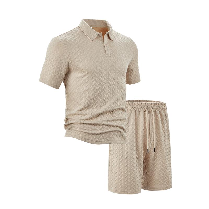 Summer New Men's Polo Shirt Set Casual Sporty Cool Fashionable Slim Fit Solid Color Short Sleeved Jacquard Shorts Set Men's
