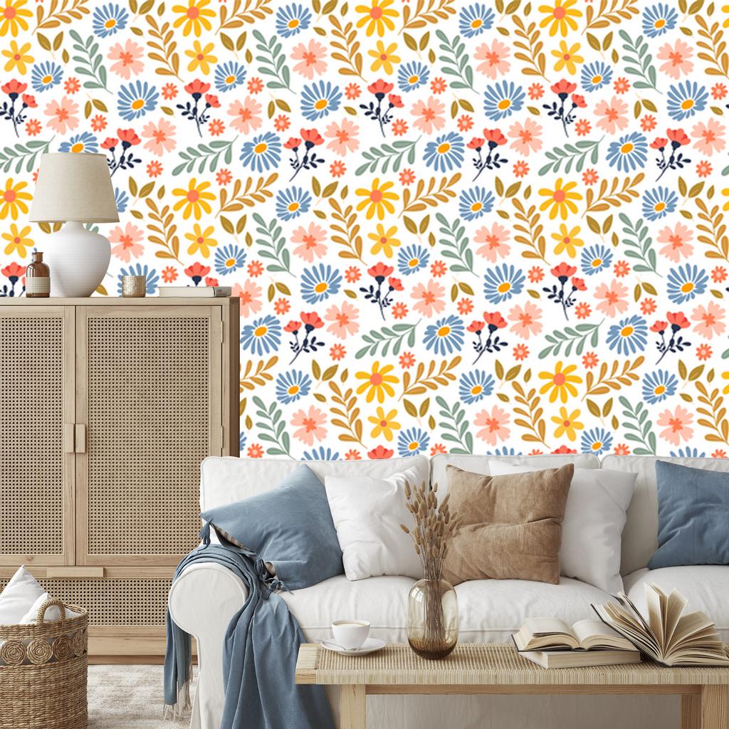 Wallpaper Flowers White, Cream and Light Gray for the Living Room and Bedroom 50x1000