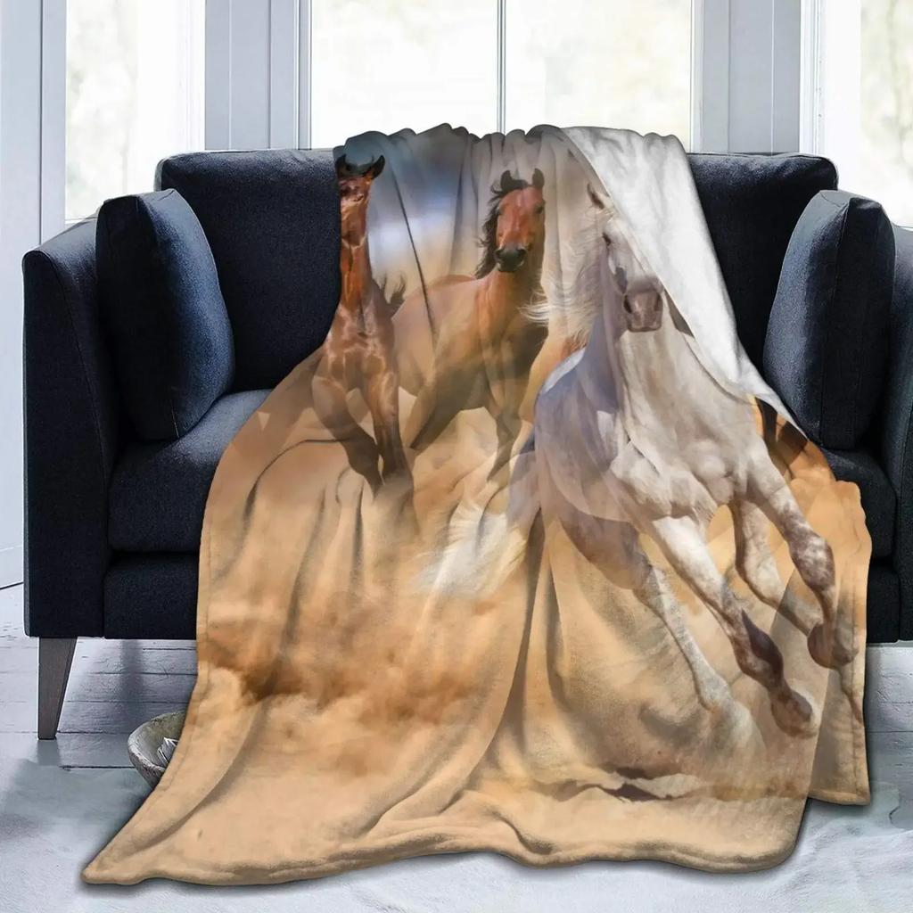 Horses Blankets Coral Fleece Plush Summer Nature Wild Animals Portable Lightweight Throw Blankets for Home Car Bedspreads