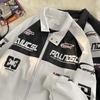 Vintage Motorcycle Racing Jacket PU Leather Biker Coat Stand Collar Black White Contrast Unisex Streetwear Outerwear