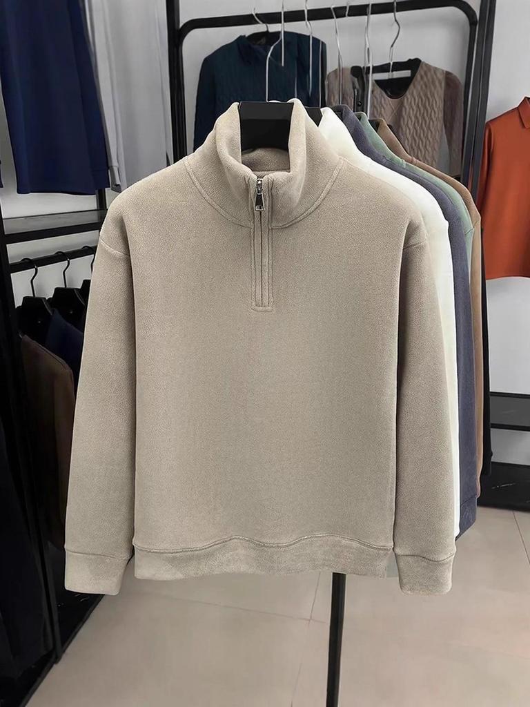 Herren Uni-Farbe Stehkragen Fleece Hoodie, Herbst/Winter 2025 Warm Langarm Halbreißverschluss Oberteil
