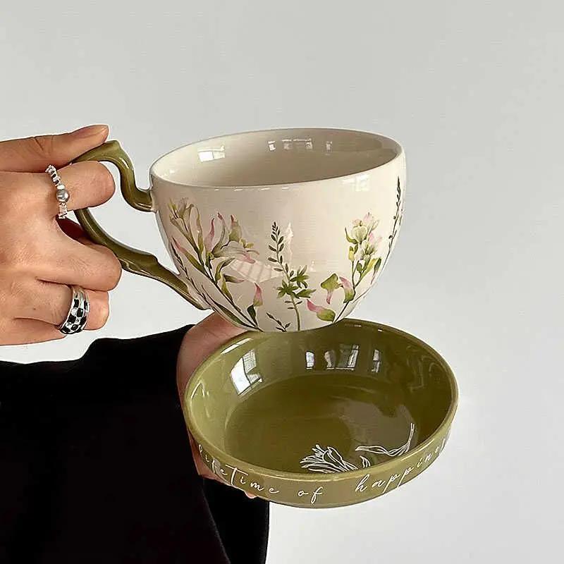 Retro Rural Style Large Capacity Ceramic Breakfast Cup with Crank Flowers Coffee Cup Dish Cups Lid Set Household Milk Mug Gift