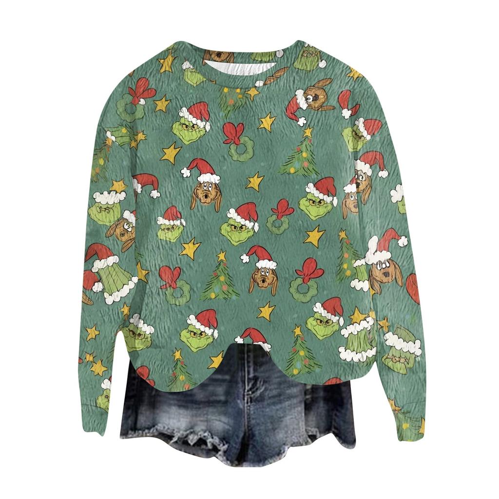 Women's Fashion Round Neck Pullover Top Long Sleeve Tee Christmas Printed Sweatshirt