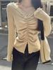 Women's V-Neck French Lace Patchwork Pleated Sweater for Autumn/Winter