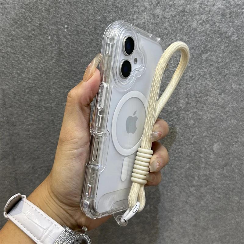 Custodia per Telefono Color Caramella Anti-Graffio alla Moda per IPhone 17 Air 16 15 14 Plus 13 12 Pro Max per Magsafe Cover con Cordino Trasparente