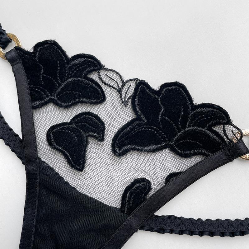 Ladies Spring and Summer Velvet Flower Mesh Sexy A Thread Thong Underwear