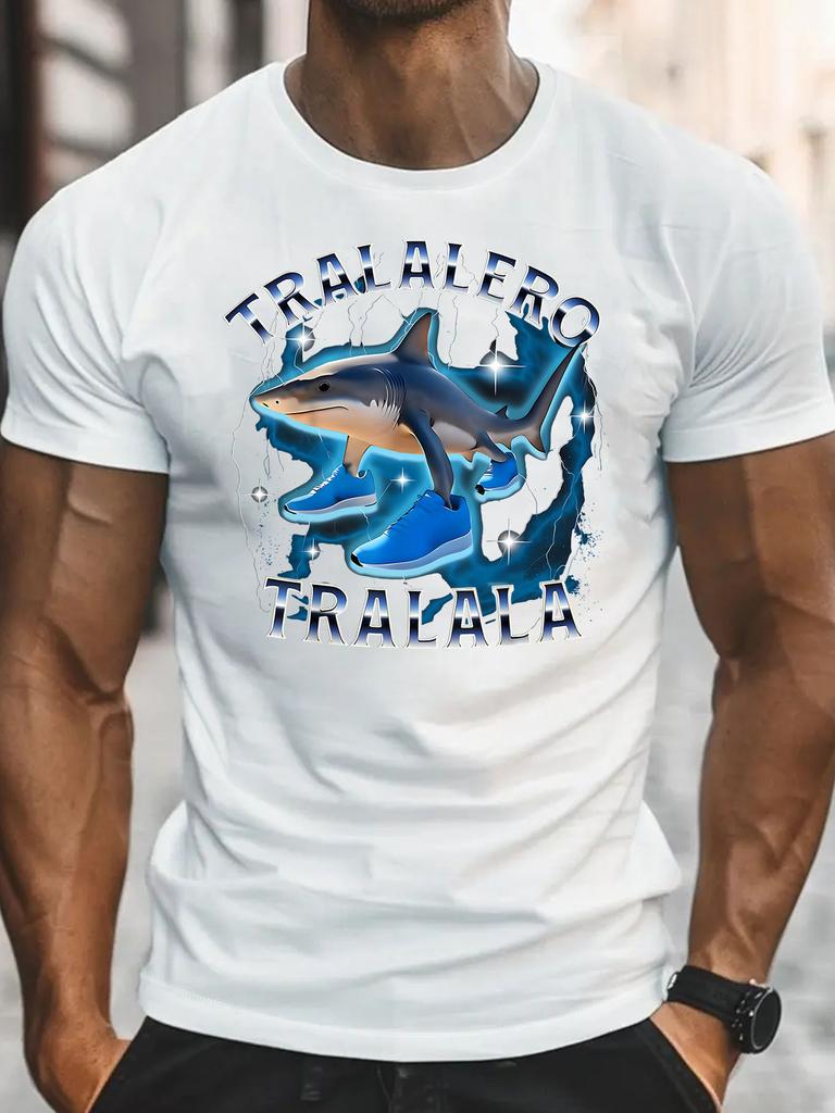 Tralalero Tralala Men's Funny Cartoon Shark with Shoes Graphic T-Shirt - Retro Style Round Neck Short Sleeve Casual Summer Tee