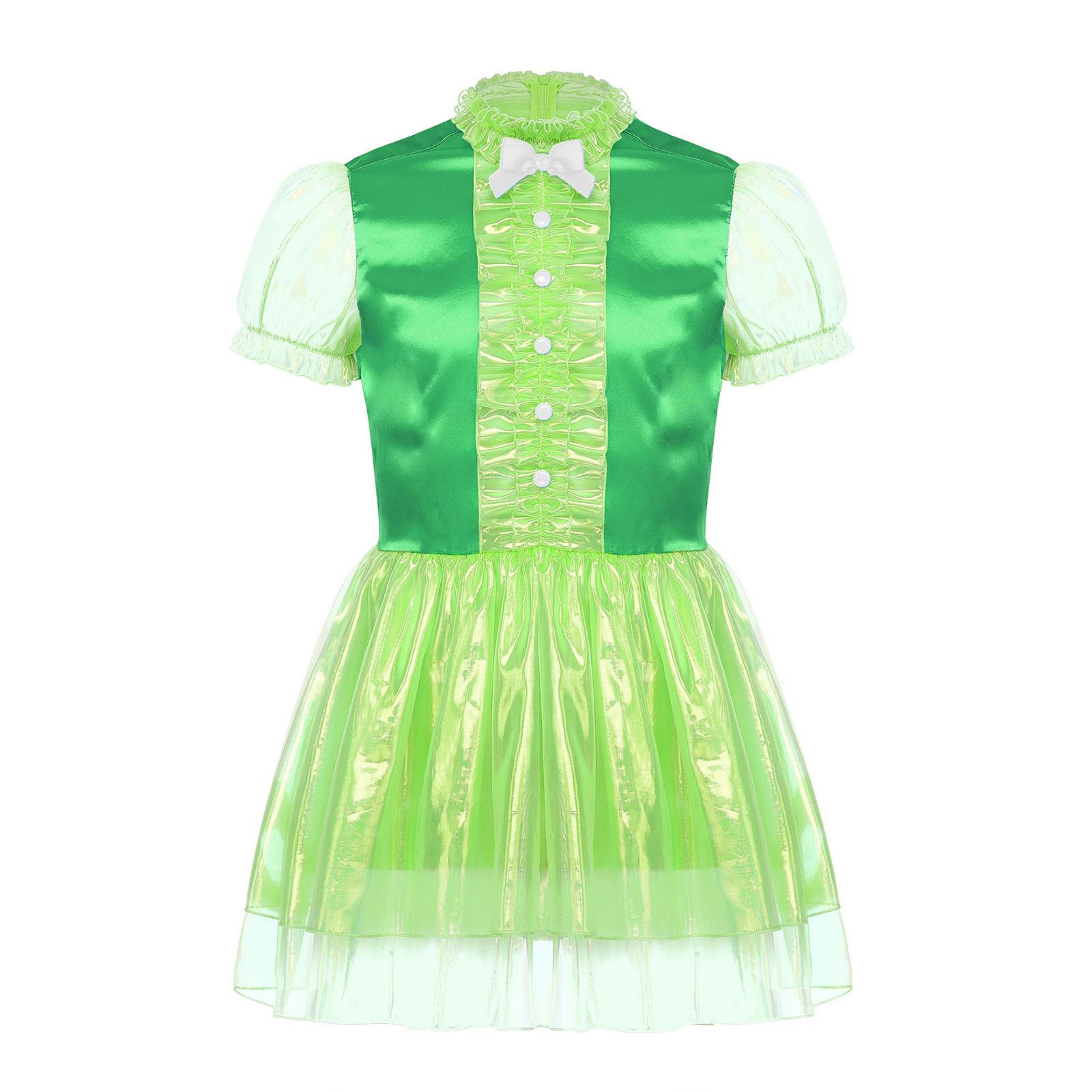 

Чоловіча сукня покоївки-сіссі з рюшами по подолу, рукавами-буфами, деталями у вигляді бантів, блискуча пишна сукня, костюм для кросдресингу, що замикається S зелений