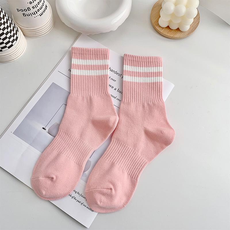 Women's Mid-Calf Two-Bar Stripe Pure Cotton Socks, Odor-Resistant, Anti-Pilling, Versatile for Sports and Casual Wear.