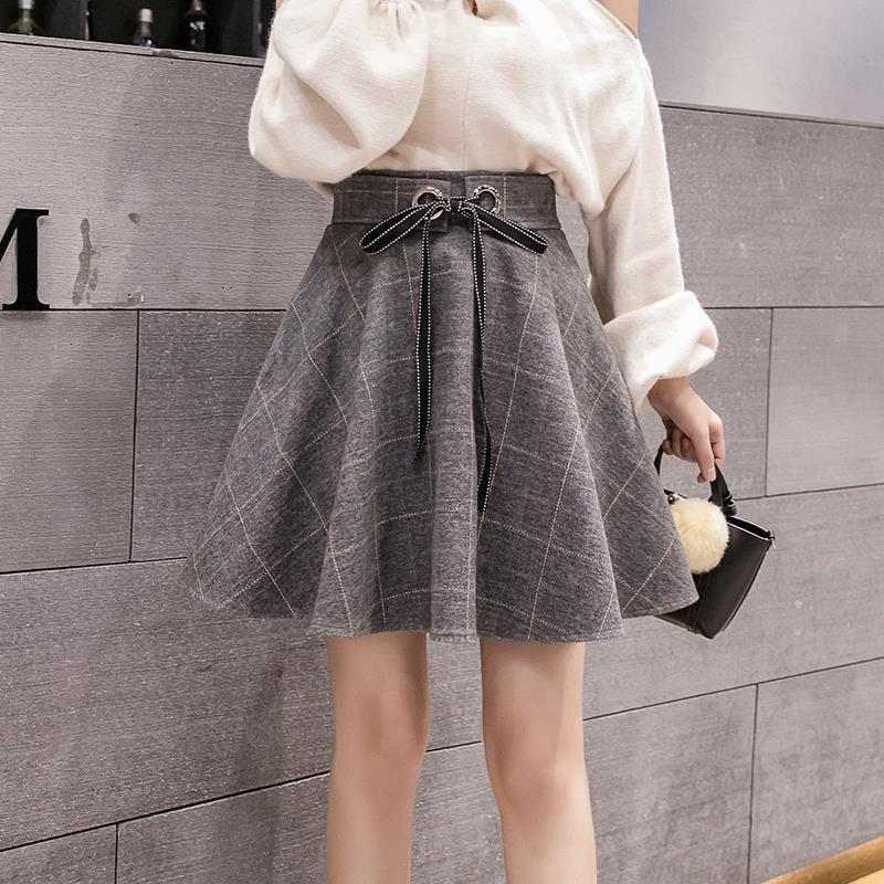 Fustă A-line cu talie înaltă din lână cu carouri pentru femei - Toamnă/Iarnă 2025 Stil coreean Fustă umbrelă