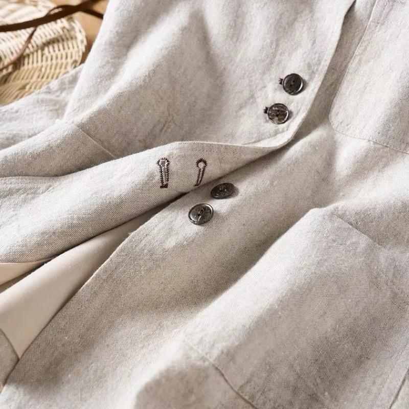 Gilet Lin Gris Clair Femme Col Rond Boutonnage Asymétrique Sans Manches Gilet Décontracté •