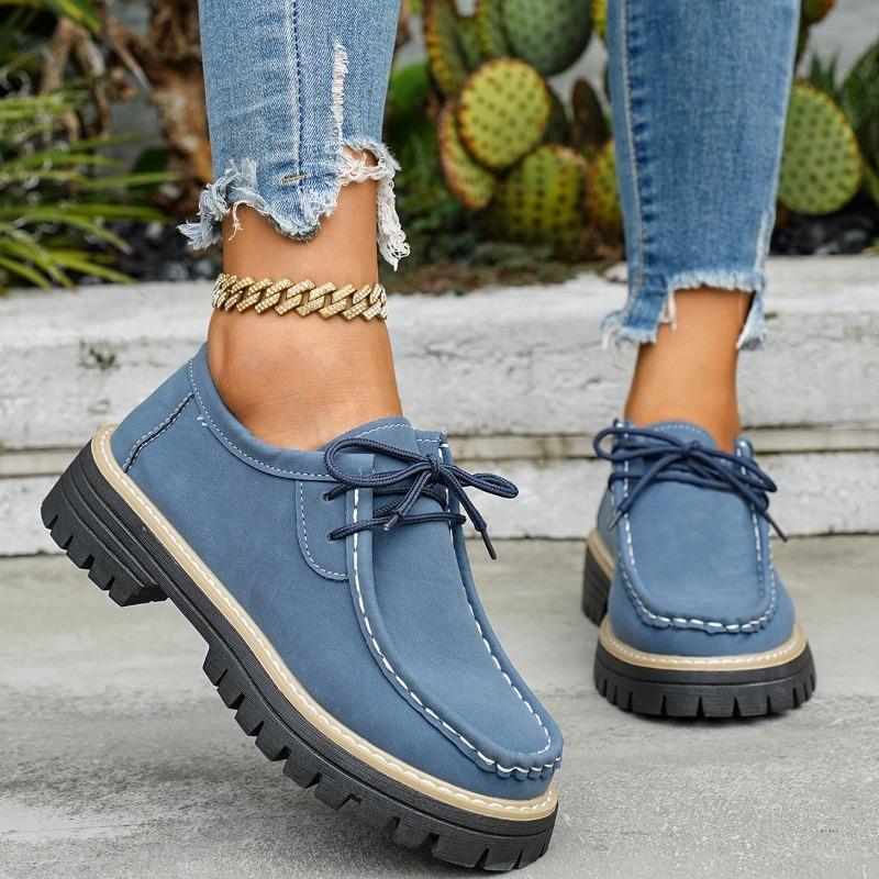Plus Size Loafers  Fashion New Round Toe Deep Mouth Lace-up Platform Non-Slip Block Heel Single Shoes