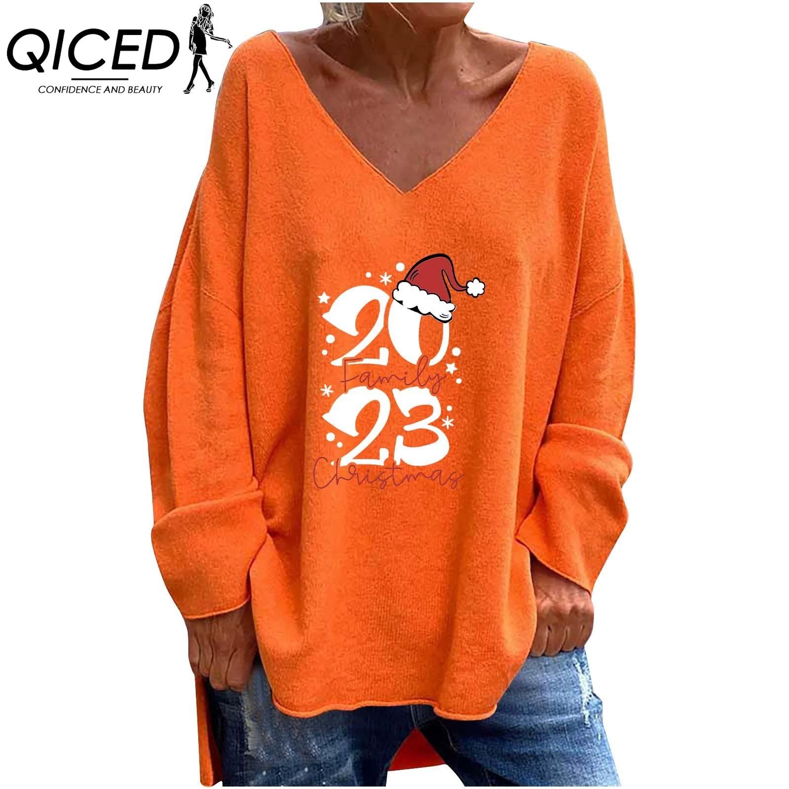 

QICED Осень-зима женская однотонная свободная повседневная удобная футболка с v-образным вырезом и длинным рукавом S