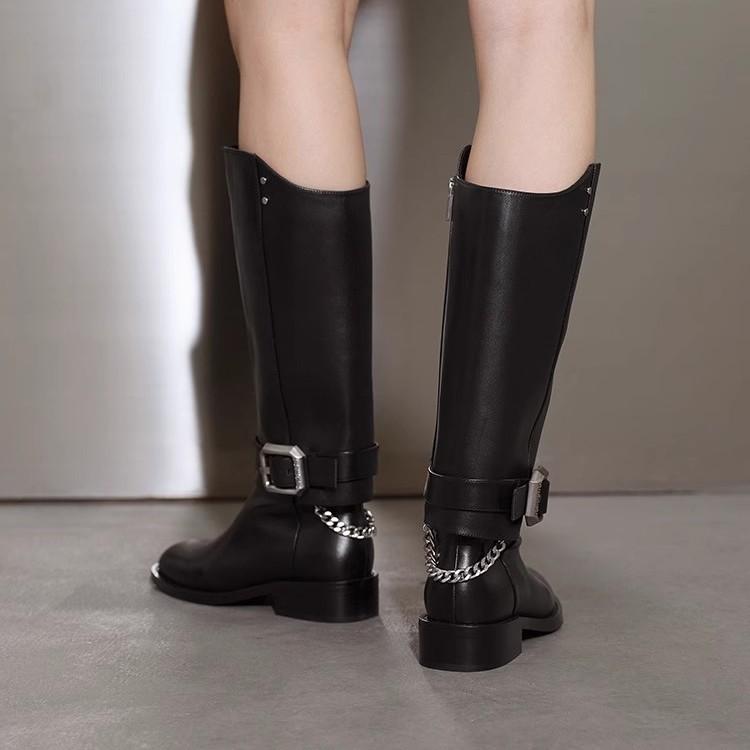 Retro belt buckle but knee boots women's 2025 new straight thick-soled retro round head thick heel back zipper boots