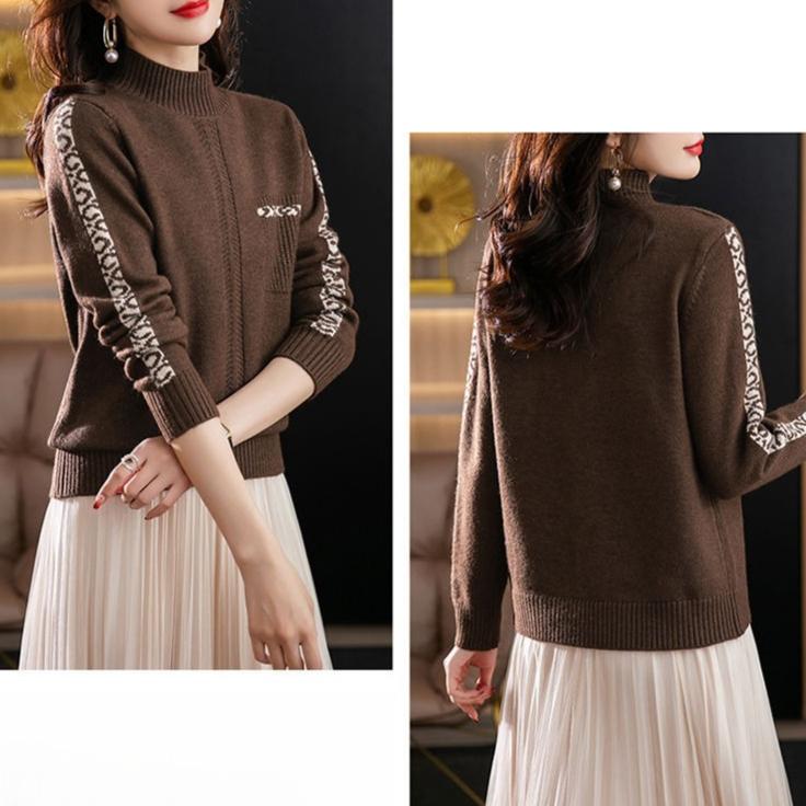 Half Turtleneck Warm Sweater for Women Short Solid-color Loose Knitted Sweater for Autumn and Winter Casual Long-sleeved Pullover