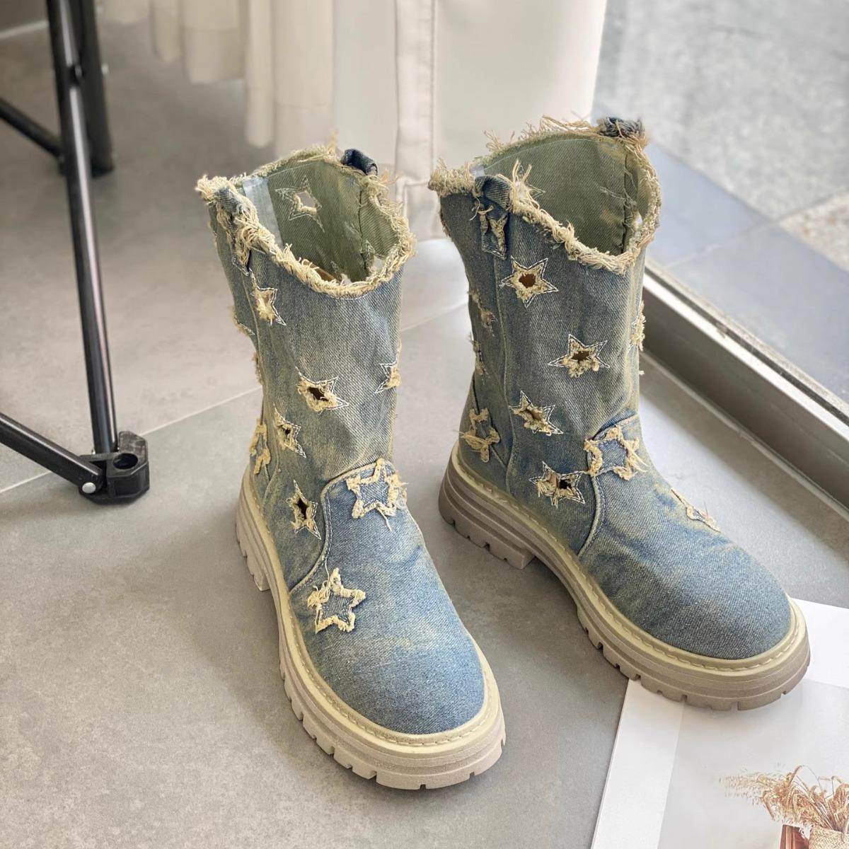 

Ботинки женские летние ковбойские сапоги 2024 года, короткие сапоги до середины голени, дышащие, рабочие сапоги, повседневная женская обувь в стиле рыцаря 39 синий