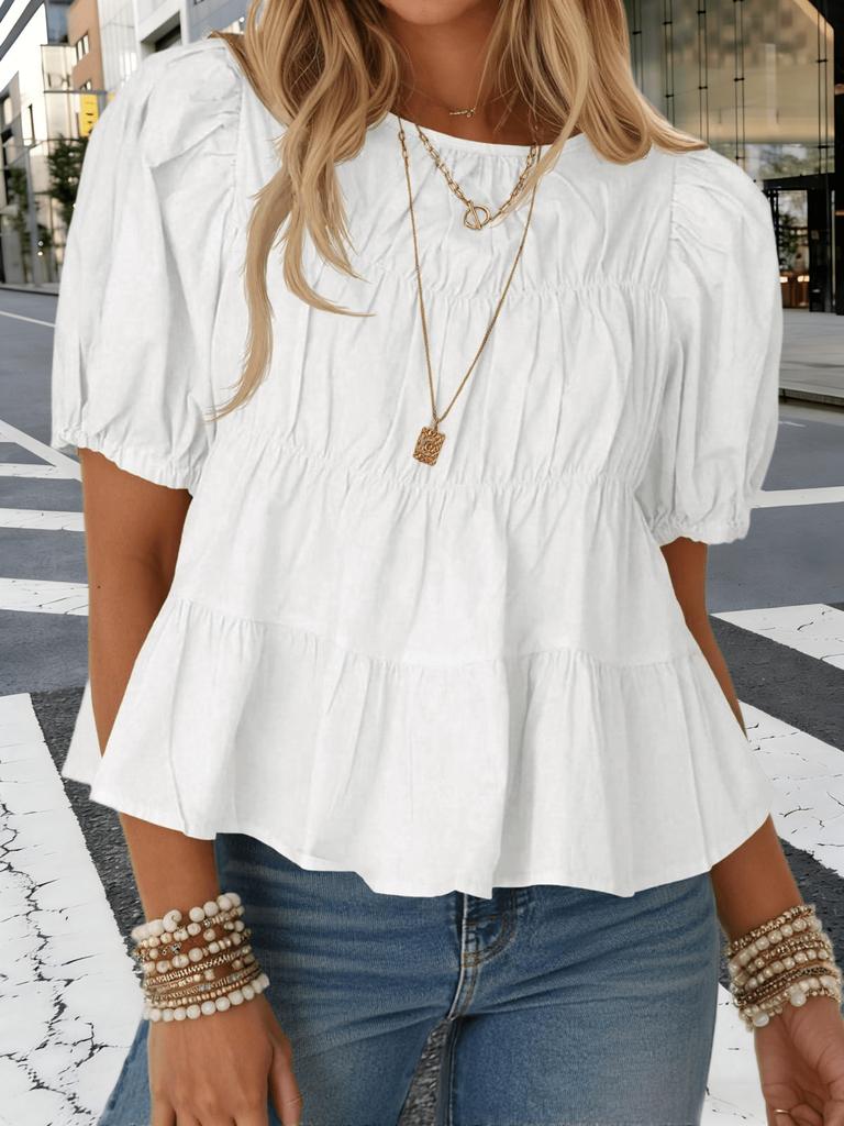 Blusa da Donna in Cotone Babydoll Manica a Sbuffo Smocked Peplo Top Svasato