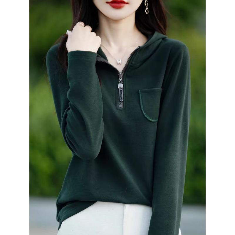 Hooded Base Blouse for Women Long-sleeved Sweater Comfortable Fit and Slim Half Zipper Leisure Sweater Jacket Hoodie
