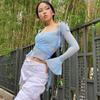 Sexy Ladies See Through Mesh Crop Solid V Neck Lace Up Bandage Off Shoulder Long Sleeve Shirt Blouse Women Streetwear