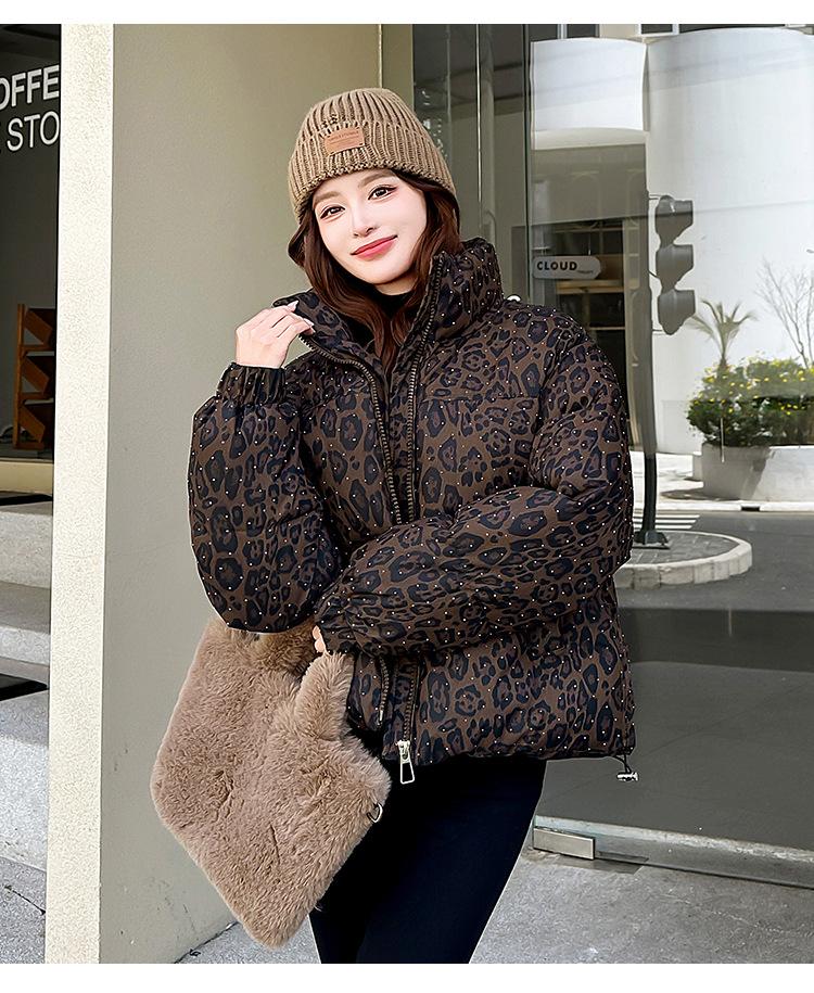 Women's Short Leopard Print Stand Collar Winter Jacket