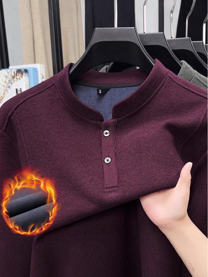 Men's Stand Collar Fleece T-shirt: Chinese Style, Long Sleeve, Thickened Velvet, Warm Casual Sweatshirt for Autumn/Winter.
