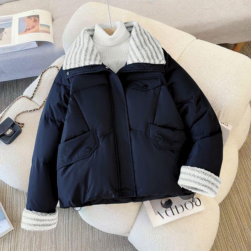 Women's Short Down Cotton Coat: Lamb Wool Loose Winter Jacket, Korean Style Thick Spandex Bread Coat