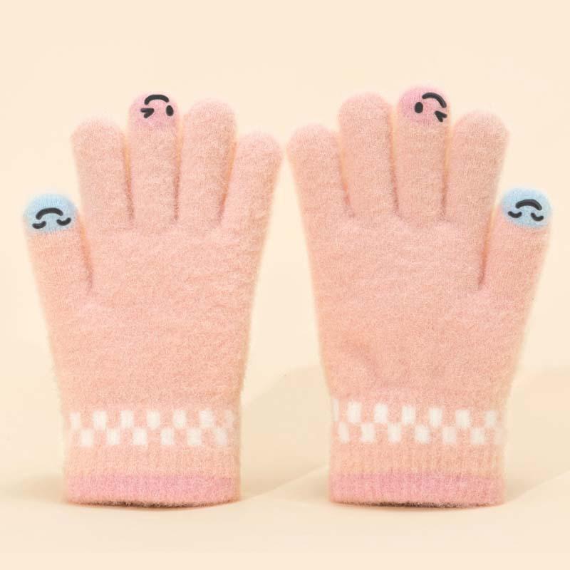 Herbst- und Winterwarme Studenten-Fünffinger-Plüschhandschuhe gestrickte Finger Cartoon Smiley-Gesicht einfache Plüsch-Fahrradhandschuhe