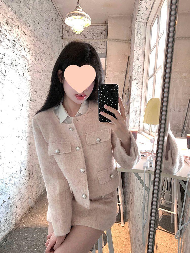 Korean-Style Pink Tweed Coat & A-Line Midi Skirt Two-Piece Set - Chic Spring/Summer Fashion