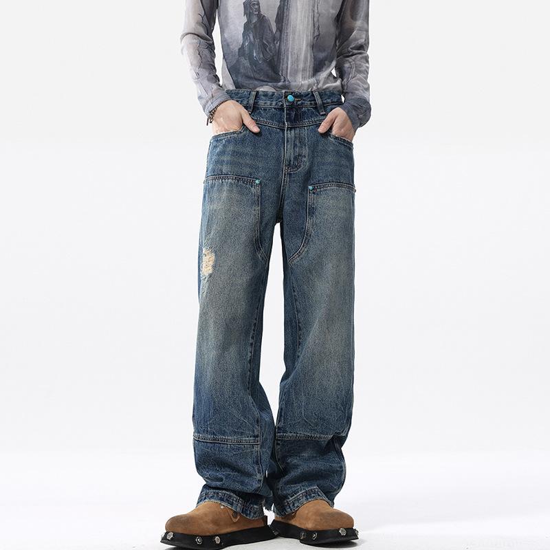 

Spring and Autumn American High Street Ripped Jeans Men s Loose Straight-leg Pants 3XL синий