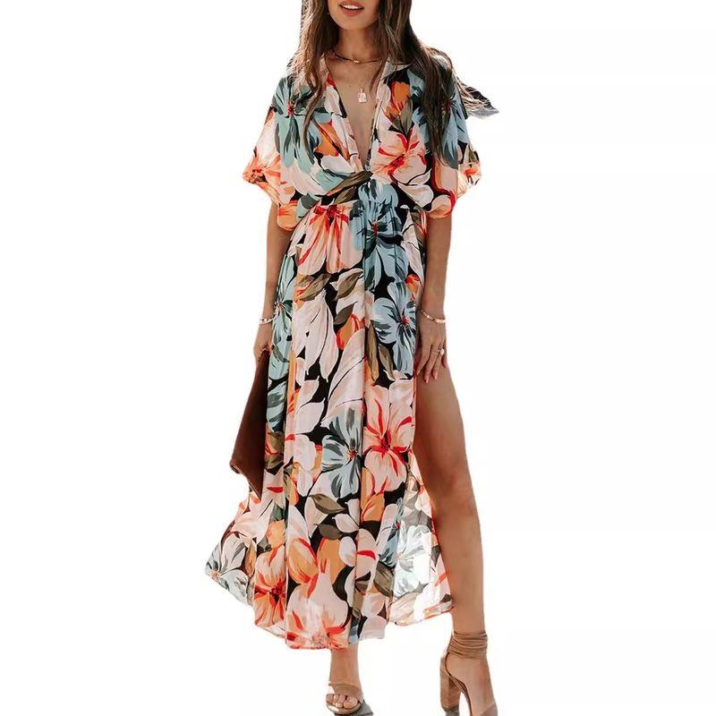 Printed Slim Dress2025 Summer European and American Women clothes New Sexy Fashion Print Split Dress