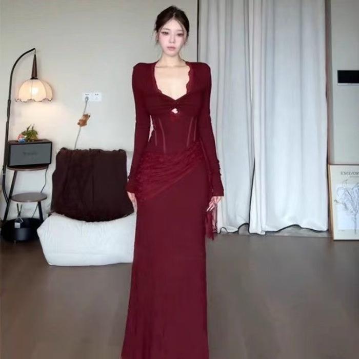 Elegant French Lace Patchwork Mermaid Gown - Slim Fit Long Sleeve Dress for Women