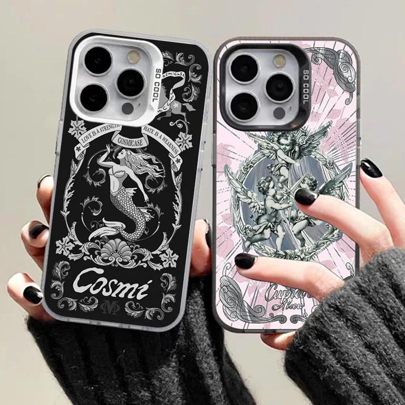 Retro European Cupid Mermaid Phone Case For  14 Cases Mi 13 12 11 Lite 13T 12T Poco M6 X6 X5 F5 Pro Laser Shockproof Cover