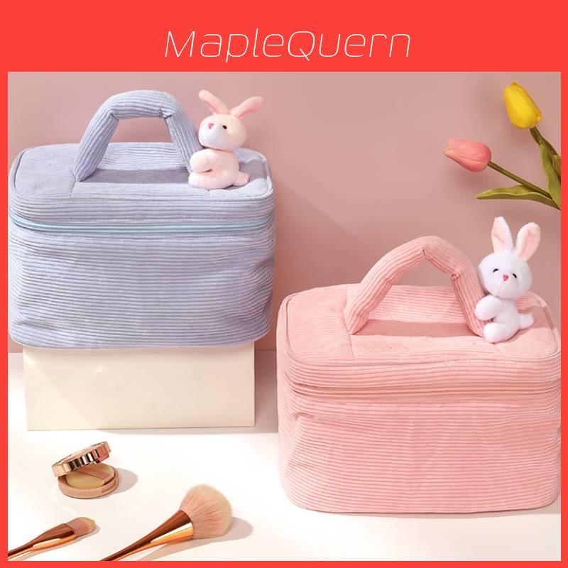Large Capacity Corduroy Makeup Bag With Cute Rabbit Plush Perfect For Travel And Home Storage