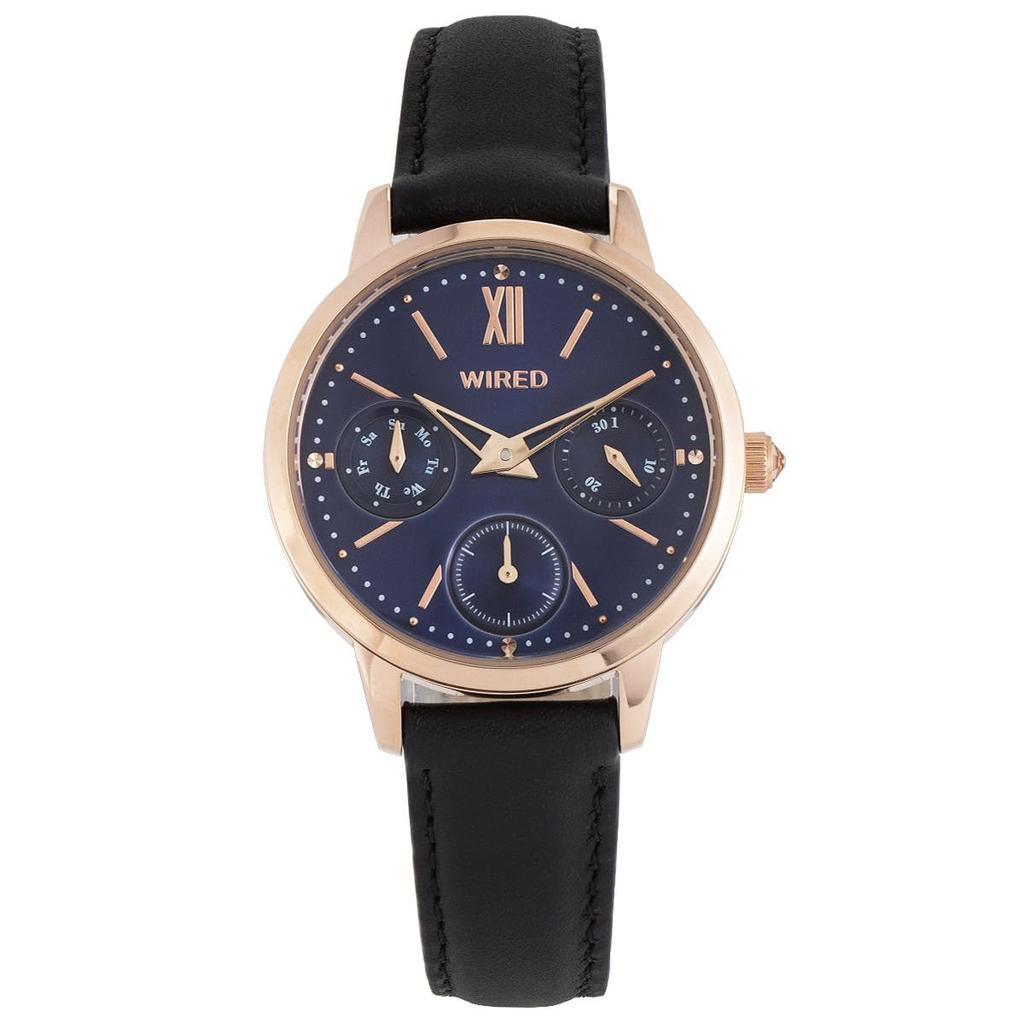 WIRED Hodinky AGET721 Chronograf Kožené Kulaté Námořnicky Modré Černé Dámské Přeloženo