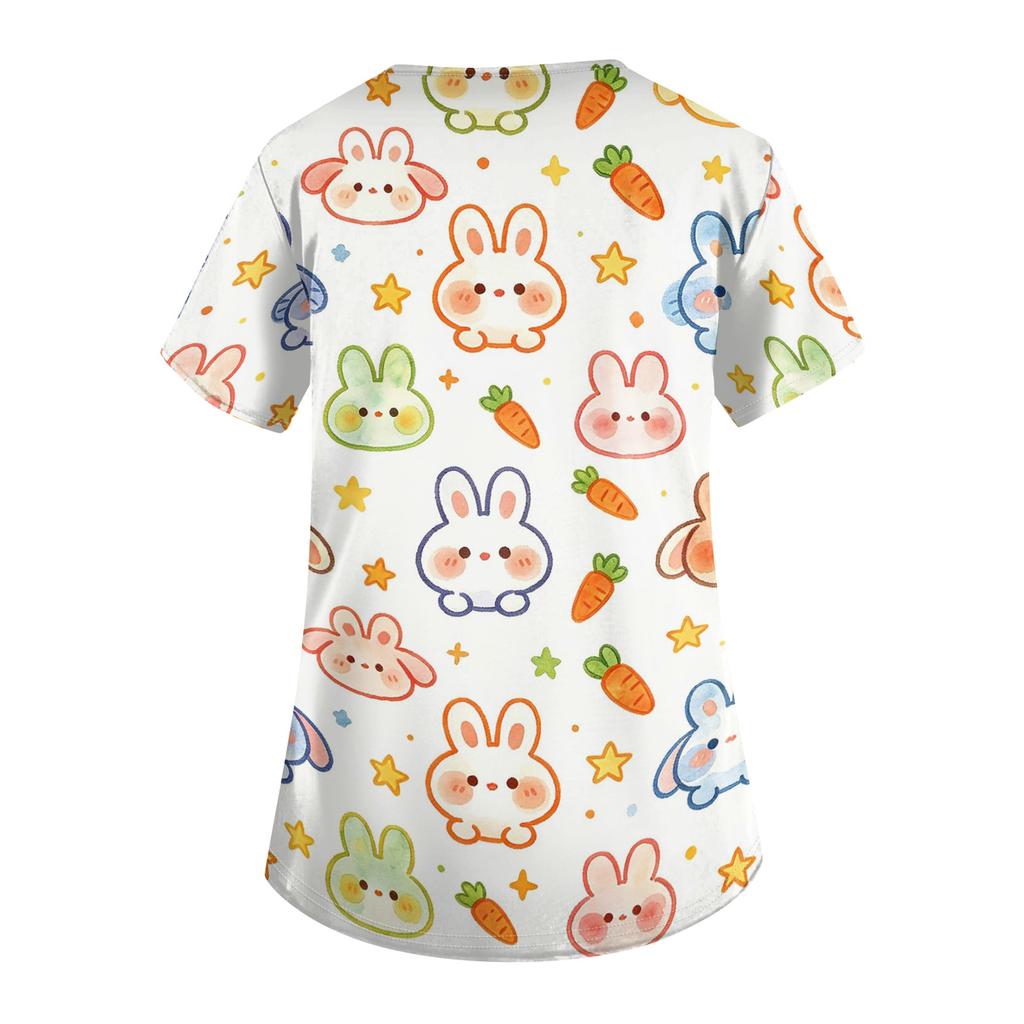 Women V Neck Short Sleeve Work Top with Pockets Animal Print Medical Uniform Scrub Shirt for Healthcare Professionals Nursing Staff